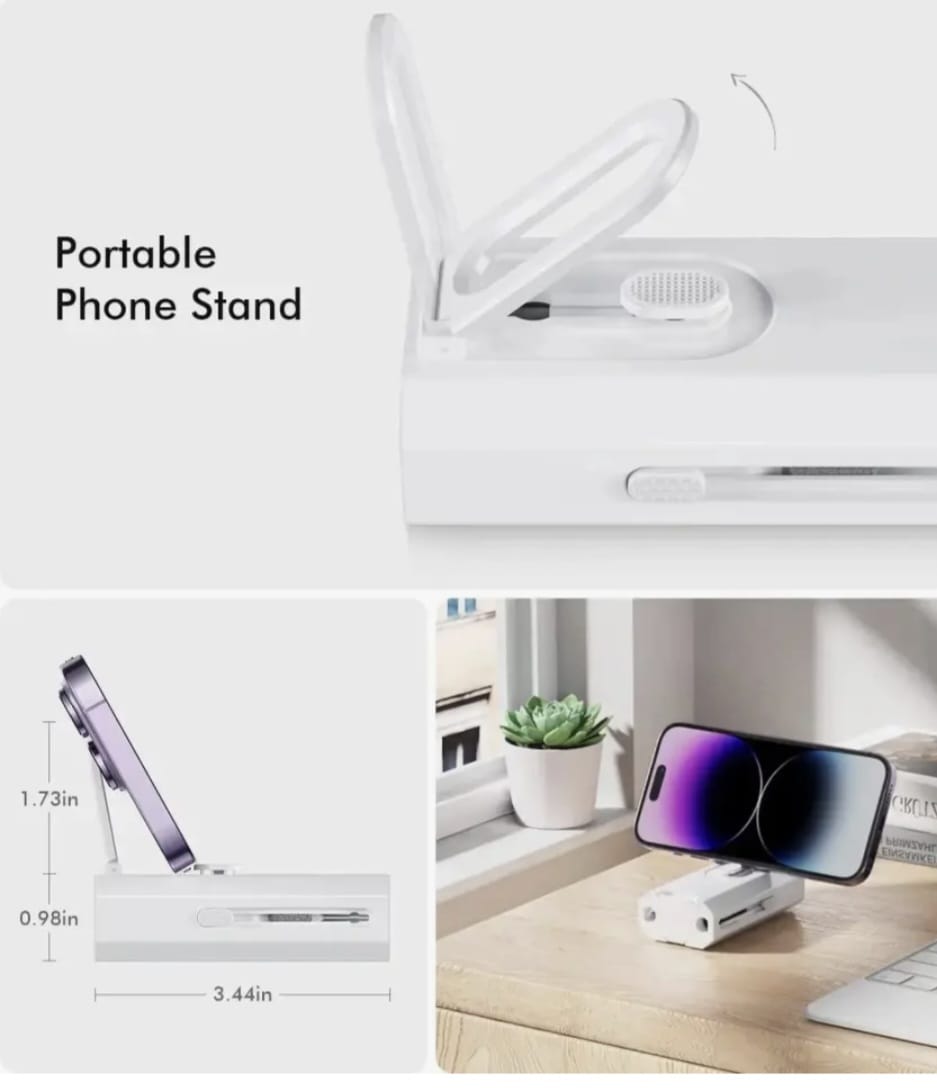 8-in-1 Multifunction Cleaning Brush Kit with Phone Stand – Keyboard, Earbud & Screen Cleaner Set