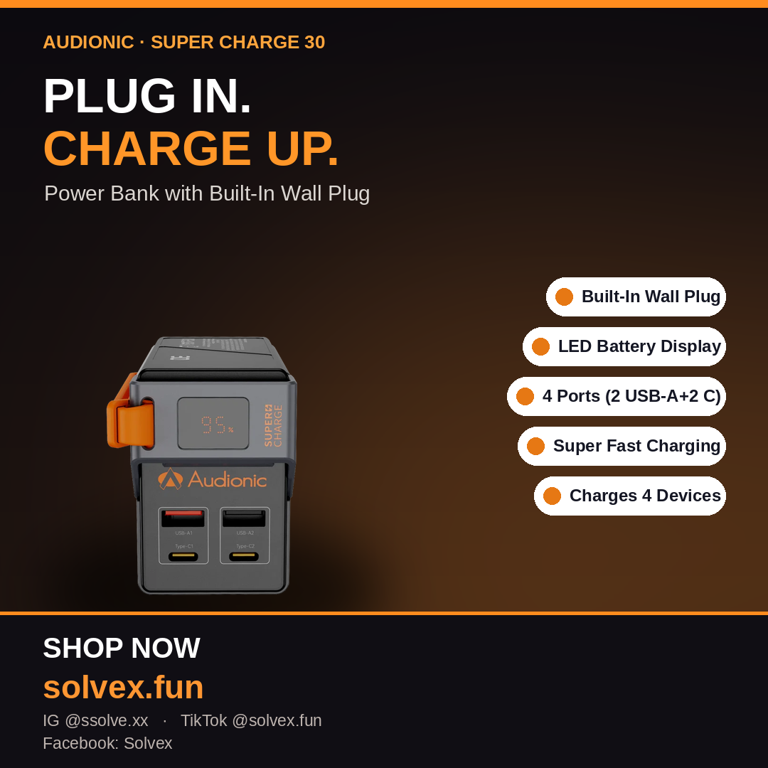 Audionic Super Charge 30 — 4-Port Power Bank with Built-In Plug